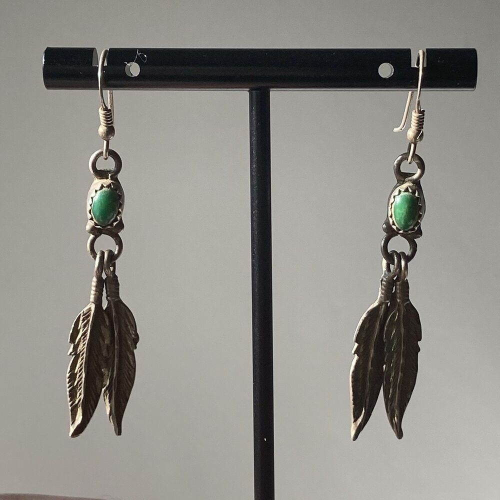VTG Sterling Silver 925 Green Turquoise Feather Earrings Native Southwestern
